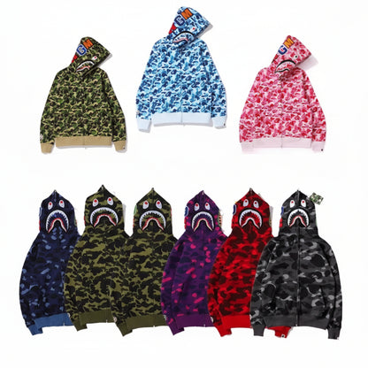  High Quality Bapes Letter Shark Pullover Hoodie 100% Cotton Fleece Breathable Casual Streetwear Unisex