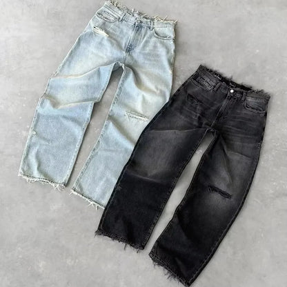 Men’s Vintage Distressed Black Jeans. Heavyweight cotton denim with a loose fit, wide-leg bootcut flared silhouette, and vintage washed finish. Durable, comfortable, and perfect for streetwear, casual outfits, and modern urban fashion.