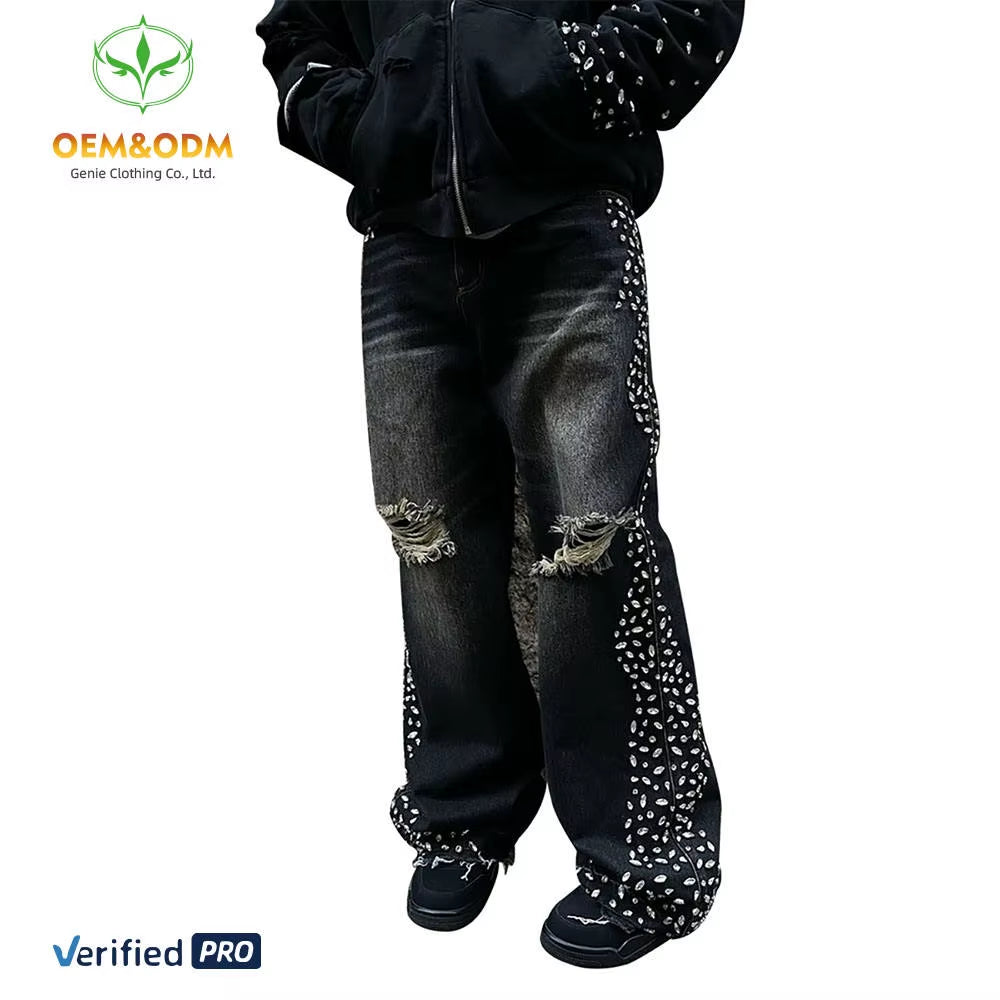 OEM Custom Men'S Vintage Sun Fade Stone Washed Baggy Jeans Pants Wide Leg Stacked Designer Dark Wash Men'S Denim Trousers Hommes