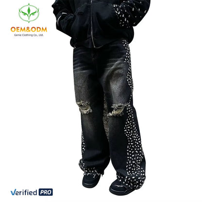 OEM Custom Men'S Vintage Sun Fade Stone Washed Baggy Jeans Pants Wide Leg Stacked Designer Dark Wash Men'S Denim Trousers Hommes