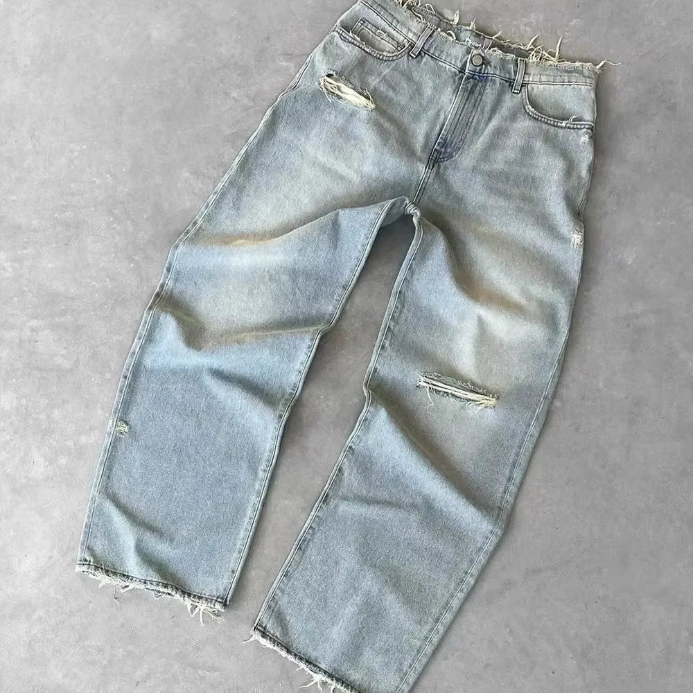 Men’s Vintage Distressed Black Jeans. Heavyweight cotton denim with a loose fit, wide-leg bootcut flared silhouette, and vintage washed finish. Durable, comfortable, and perfect for streetwear, casual outfits, and modern urban fashion.