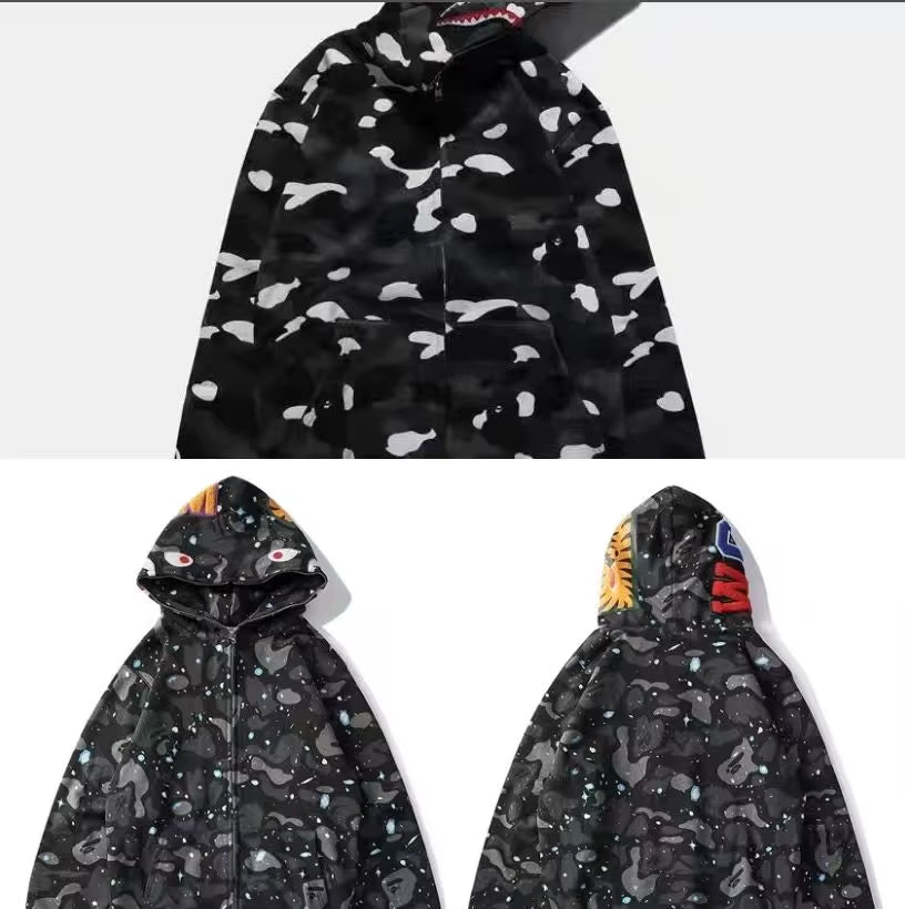  High Quality Bapes Letter Shark Pullover Hoodie 100% Cotton Fleece Breathable Casual Streetwear Unisex