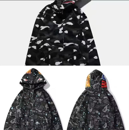  High Quality Bapes Letter Shark Pullover Hoodie 100% Cotton Fleece Breathable Casual Streetwear Unisex