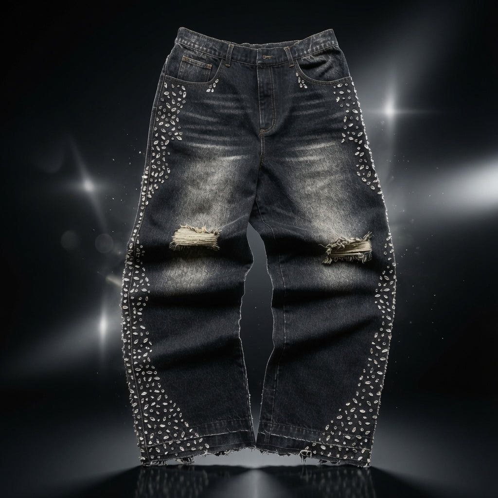 OEM Custom Men'S Vintage Sun Fade Stone Washed Baggy Jeans Pants Wide Leg Stacked Designer Dark Wash Men'S Denim Trousers Hommes