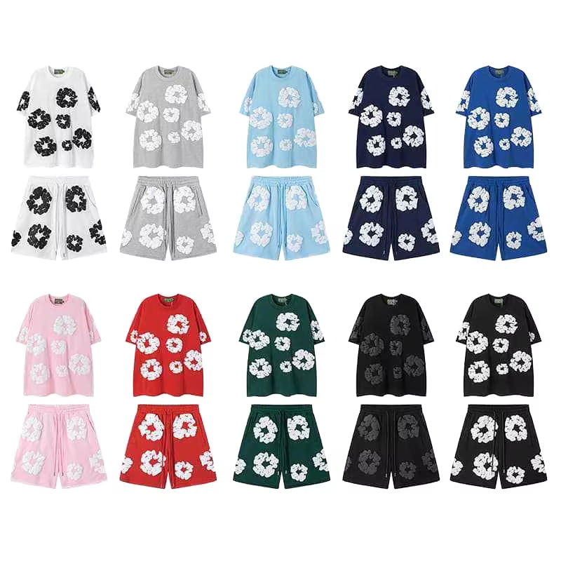 Men'S High Street Hip Hop Printed Jersey Short Sleeve T-Shirt Camouflage Pattern Pure Cotton Sweatshirt Pants Set Sports Leisure