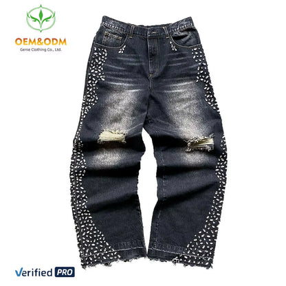 OEM Custom Men'S Vintage Sun Fade Stone Washed Baggy Jeans Pants Wide Leg Stacked Designer Dark Wash Men'S Denim Trousers Hommes