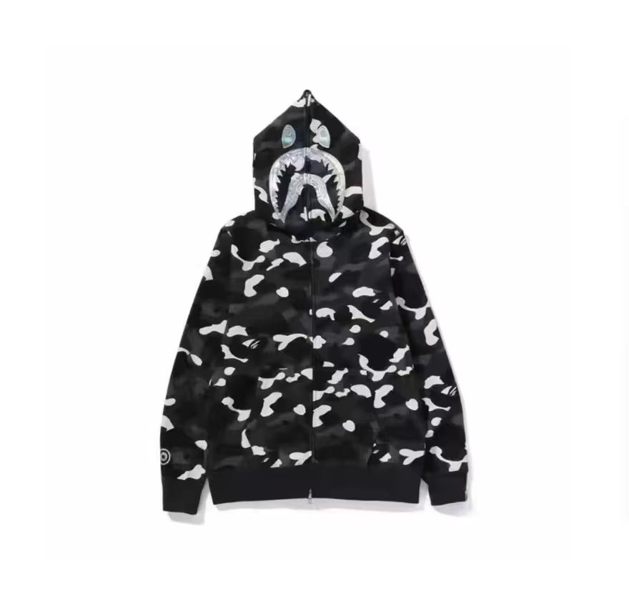  High Quality Bapes Letter Shark Pullover Hoodie 100% Cotton Fleece Breathable Casual Streetwear Unisex