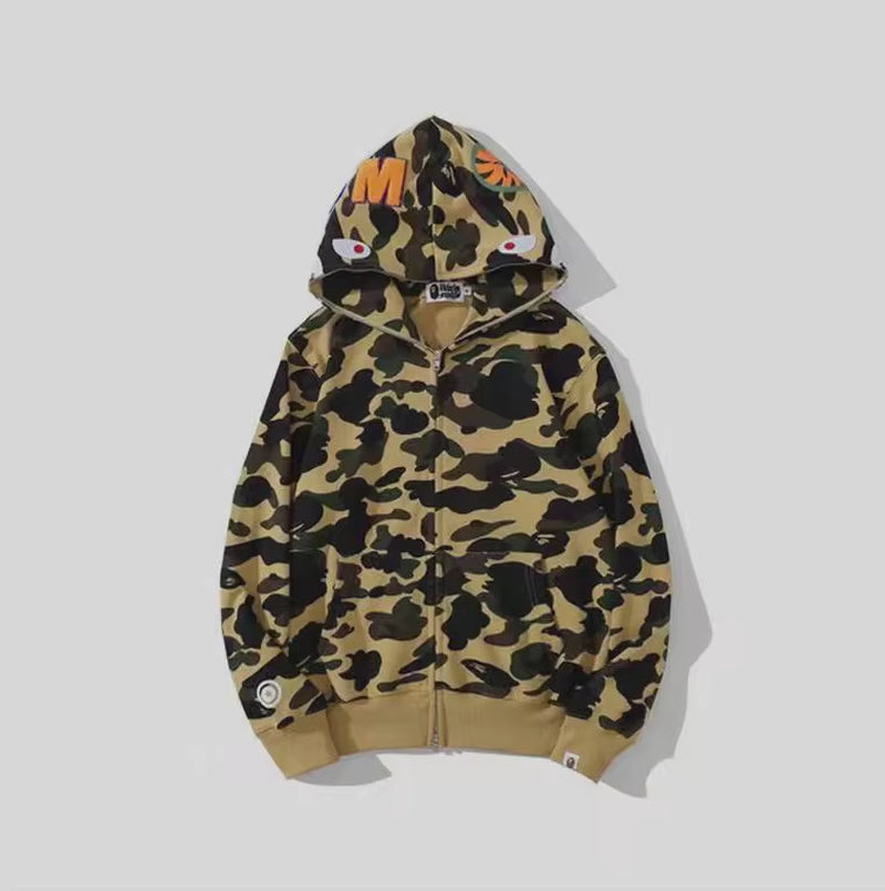  High Quality Bapes Letter Shark Pullover Hoodie 100% Cotton Fleece Breathable Casual Streetwear Unisex