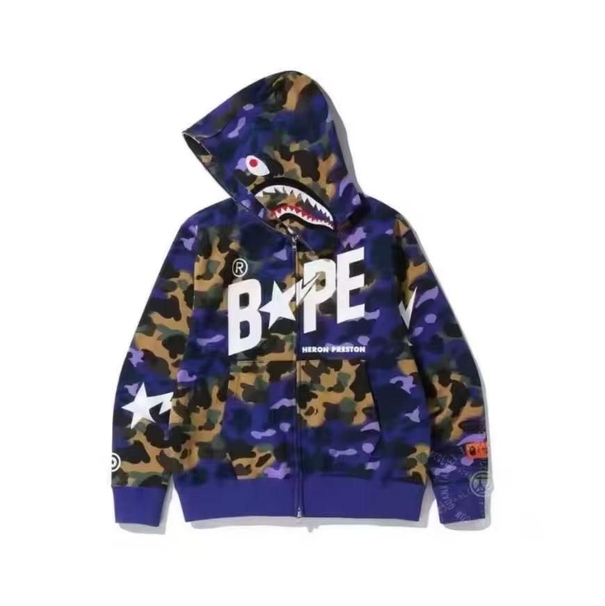  High Quality Bapes Letter Shark Pullover Hoodie 100% Cotton Fleece Breathable Casual Streetwear Unisex