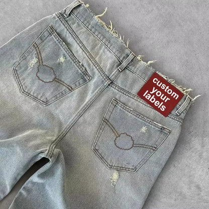 Men’s Vintage Distressed Black Jeans. Heavyweight cotton denim with a loose fit, wide-leg bootcut flared silhouette, and vintage washed finish. Durable, comfortable, and perfect for streetwear, casual outfits, and modern urban fashion.