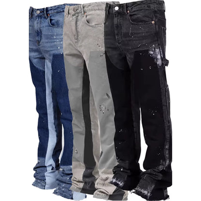 Men'S Dept Distressed 1.1 Quality Summer Denim Work Purple Pants Trendy Brand Flared Layered Patch Design Stretchy Cotton Fabric